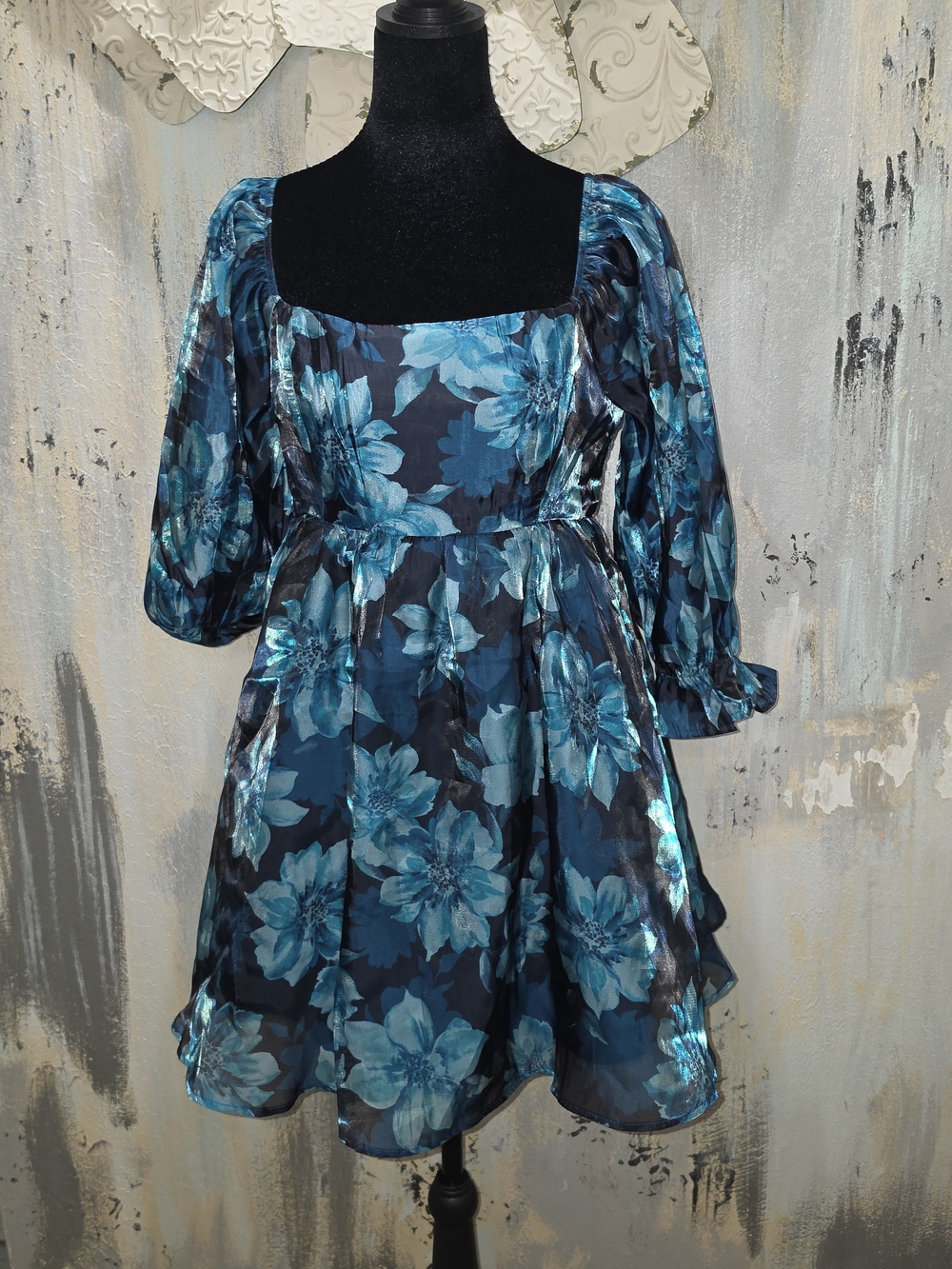 Lucky Brand Blue Floral Square-Neck Mini Party Dress Size Large